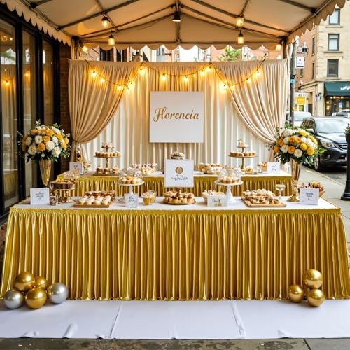 Wish Care 17ft Gold Satin Table Skirt for Rectangle Tables Wrinkle Free Teacher Desk Skirt Glitter Ruffle Table Skirting Cloth for Office Birthday Graduation Cocktail Party Buffet Table Decorations - Image 2