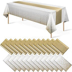 24Pack Disposable Plastic Tablecloths and Satin Table Runner Set White and Gold Dot Tablecloth Gold Satin Table Runner for Wedding Birthday Baby Shower Anniversary Christmas New Year Party Decorations by MASHAN