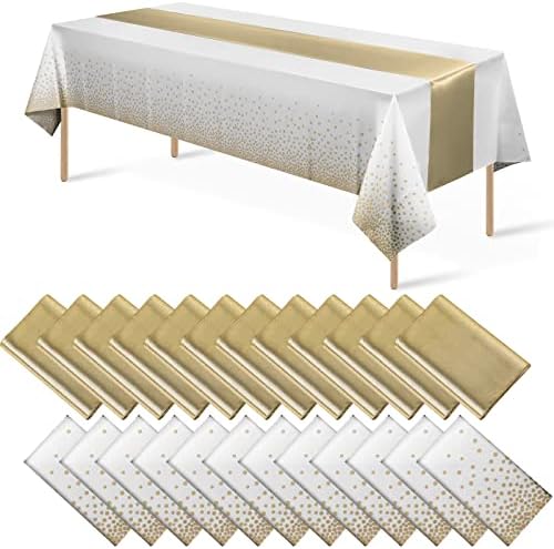 24Pack Disposable Plastic Tablecloths and Satin Table Runner Set White and Gold Dot Tablecloth Gold Satin Table Runner for Wedding Birthday Baby Shower Anniversary Christmas New Year Party Decorations by MASHAN