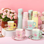 FillTouch 200 Sets Floral Paper Tea Cups and Saucers Disposable Paper Tea Party Supplies 9 oz Cups with Handle and Saucer for Birthday Wedding Party Decorations (Classic Style) - Image 2