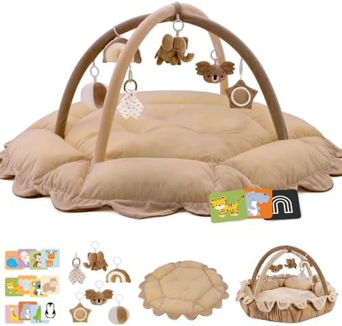 5-in-1 Baby Activity Gym & Play Mat with 6 Hanging Toys, Tummy Time Mat & Cards - Extra Large, Reversible Machine Washable Pad - Gift for Newborns, Infants 0-12 Months, Brown by Unknown