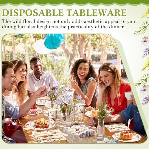400 Pcs Wild Floral Disposable Paper Plates Napkins Cups Serve 50 Watercolor Floral Tableware Set for Spring Wedding Tea Party Decoration Bridal Shower Baby Shower (Fresh Color,Vivid Style) - Image 4