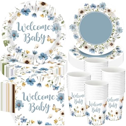 Pickmesh 250 Pcs Blue Floral Baby Shower Party Supplies Decorations Serve 50 Wildflower Welcome Baby Disposable Paper Plates Napkins and Cups for Birthday Babies Boy Shower Gender Reveal Party Decor by Pickmesh
