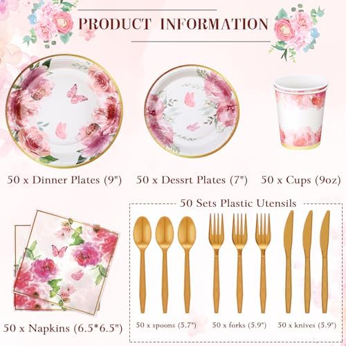 Ziliny 350 Pcs Tea Party Supplies Serves 50 Disposable Floral Paper Plates Napkins Cups Plastic Cutlery Dinnerware Set for Wedding Birthday Baby Shower Tea Party Decoration - Image 2