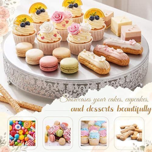 Wenqik 16 Inch Silver Cake Stand Set Metal Round Cupcake Dessert Stand with Cake Cutting, Flower Spatula Wedding Cupcake Pastry Display Candy Holder Display for Wedding Party Birthday Baby Shower - Image 5