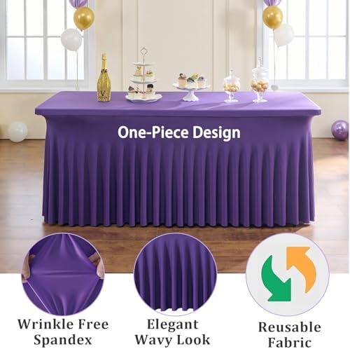 2 Pack Purple Spandex Table Clothes for 6 Foot Rectangle Tables, Wrinkle Free Fitted Table Cover 6ft Stretch Tablecloths Desk Skirt for Parties Weddings Birthday Banquet Baby Shower - Image 3
