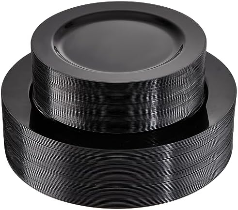 FLOWERCAT 100PCS Black Plastic Plates - Heavy Duty Black Disposable Plates for Birthday Party/Wedding/Halloween- serve 50guests 10 inch and 7 inch Set by FLOWERCAT