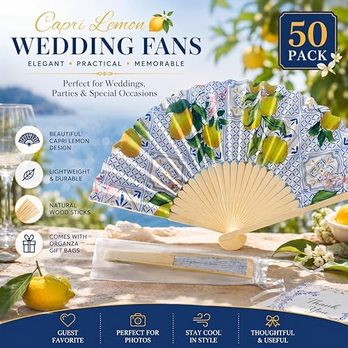 Vercraft 50 Sets Lemon Folding Hand Fans with Organza Bags Bulk, Wedding Favors for 50 Guests, Capri Mediterranean Paper Fans Bulk, Bridal Shower Party Favors Bridesmaid Gifts Summer Outdoor Decor - Image 6