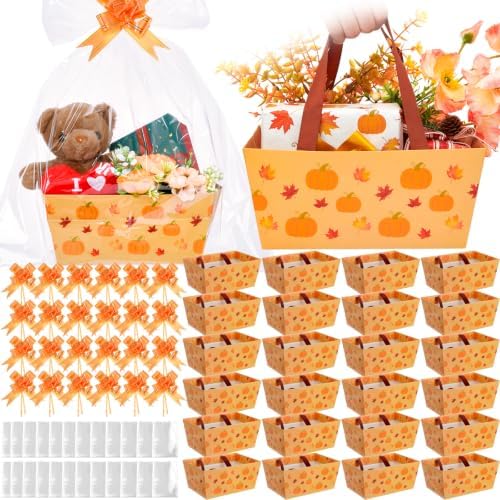 Funnymoom 24 Pcs Pumpkin Fall Gift Basket Set with Bags and Bows by Funnymoom