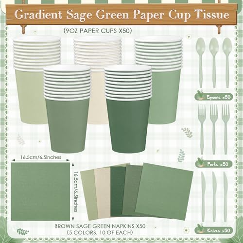 Mimorou 354 Pcs Sage Green Paper Plates and Napkins, Serves 50 Tableware - Image 4