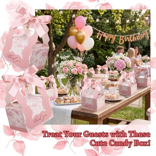ForraFun 100 Sets Floral Wedding Favor Boxes with Pearl Pendant Bow, Pink - Image 2