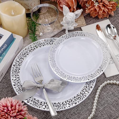 WELLIFE 210pcs Dinnerware Set - Silver Rimmed Plastic Plates Disposable Heavy Duty, Disposable Plastic Plates with Silver Rim, Water-proof, Break-proof, Best Choice for Any Party - Image 3