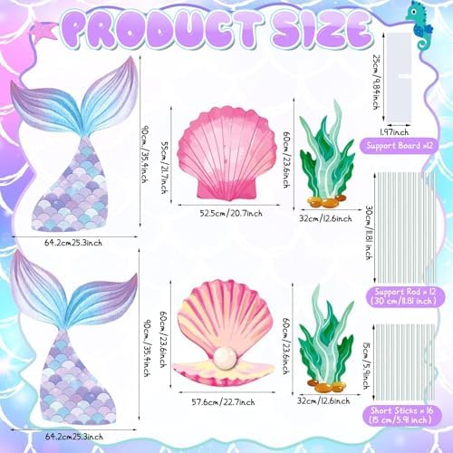 6 Pcs Mermaid Backdrop Under The Sea Birthday Party Decorations Large Mermaid Tail Seaweed Seashell Cardboard Cutouts Ocean Theme Booth Photo Props for Baby Shower Indoor Outdoor Decor - Image 3