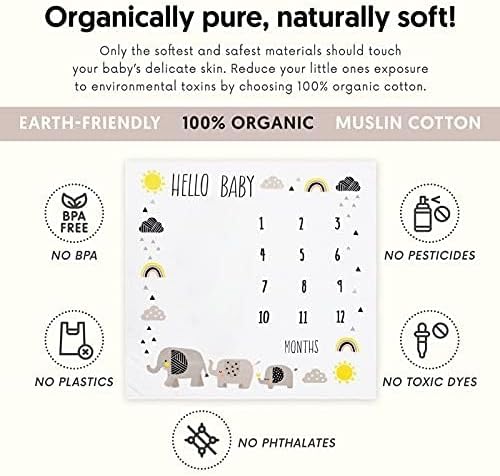 Pondering Pine Organic Baby Monthly Milestone Blanket for Boy or Girl with Month Marker - Elephant Milestones Blanket, 1-12 Months, Gender Neutral, 47" X 47" - Image 3