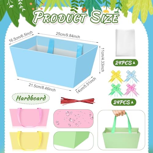 Funnymoom 24 Pcs Gift Basket Set Empty Pink Blue Green Yellow Boxes with Handle, Transparent Bags and Bow for Birthday Wedding Baby Shower Party Favor Packaging 9.8x6.5'' - Image 3