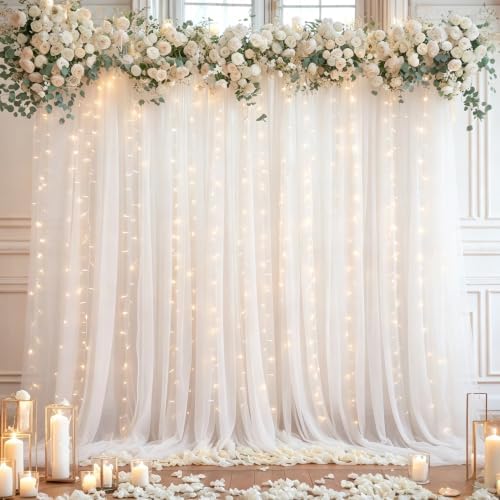 10×10ft White Tulle Backdrop Curtain with Lights String for Parites, Sheer Curtain Backdrop Drapes for Wedding Party Home Decorations by WishCare