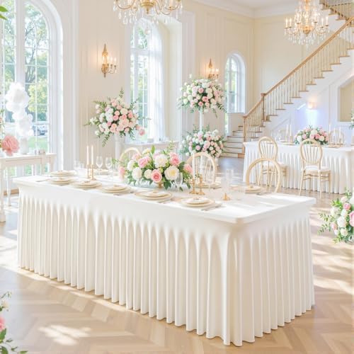 4 Pack Ivory Table Cloth for 6 Foot Rectangle Tables Spandex Fitted Tablecloth 6ft Stretch Table Covers Skirt Ivory Banquet Tablecloths Wrinkle Free Tablecloth for Party Wedding Birthday Event - Image 3