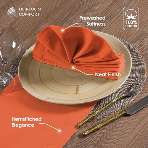 Orange Cloth Dinner Napkins 18x18 Inch - Set of 12 - Durable, Soft, Reusable, Washable - Hemstitch Mitered Edges - Ideal Cotton Napkin for Table Dining, Everyday, Parties, Events - Image 4