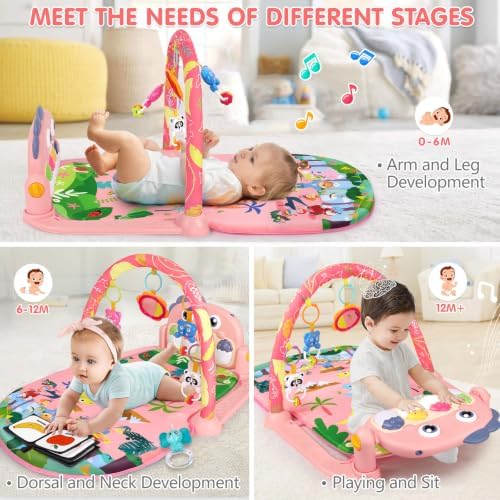 UMIKU Baby Play Mat Tummy Time Mat Girl High-Contrast Cloth Pink Dinosaur - Image 5