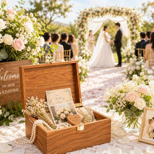 Keepsake Box,Large Acacia Wooden Memory Box Jewelry Box and Photo Storage Box for Wedding Baby Shower Decorative Storage Treasure Boxes with Lids(Brown) - Image 3