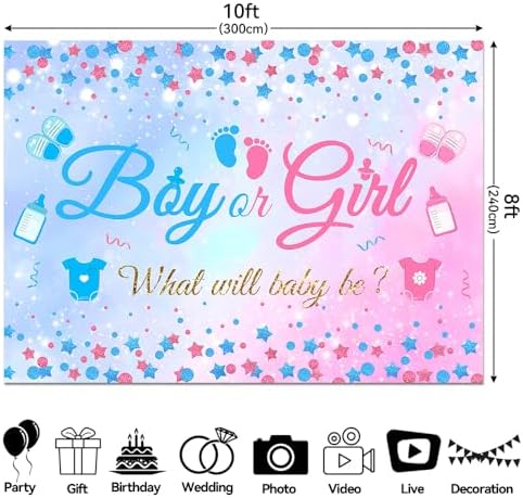 10x8 FT Gender Reveal Boy Or Girl Photo Backdrop He Or She What Will Baby Be Blue Pink Footprints Glitter Dots Star Party Decorations Photography Background Polyester - Image 5