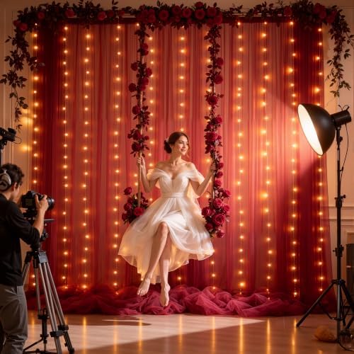 20x10ft Burgundy Tulle Backdrop Curtain with Lights String for Parites, Sheer Backdrop Curtains for Wedding Baby Shower Birthday Party Photo Shoot Decorations - Image 3