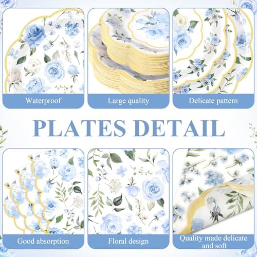 Funnymoom 250 Pcs Blue Gold Floral Paper Plates Napkins Cups Serves 50 - Image 2