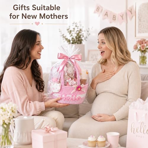 Golray Baby Girl Gifts for Baby Shower, Newborn Baby Girl Gift Basket with Unicorn Lovey Hand Puppet, Muslin Swaddle Blanket, Baby Rattle, Bib, Socks, Milestone Sign, Welcome Baby Gift Set for Girls - Image 5