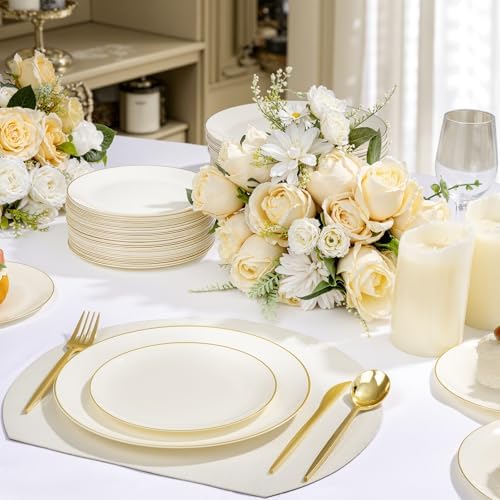 bUCLA 200PCS Ivory Plastic Plates with Gold Rim - Heavy Duty Cream Disposable Include 100 Dinner 10 inch & 100 Dessert 7 inch Plates, Ideal for Party & Wedding - Image 6