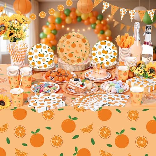 Ceenna 452 Pcs Orange Theme Party Supplies for 50, Little Cutie Is on the Way Paper Plates Napkins Cups Tablecloth Cutlery Straw Disposable Tableware for Summer Birthday Baby Shower Party Decoration - Image 6