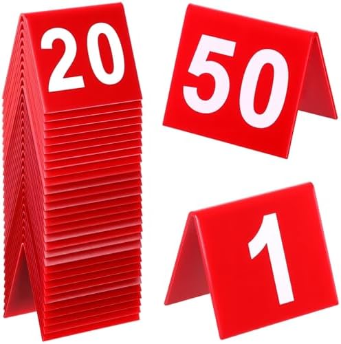 50Pcs Restaurant Table Numbers 1-50, Double Sided Table Number Tents, Red Plastic Tables Numbers for Wedding, Banquets, Party, Food Service by Unknown