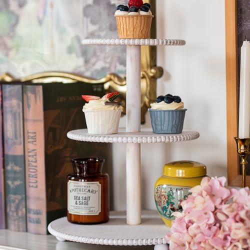 3-Tiered Cupcake Stand, White Wooden Beaded Cupcake Tower for Home Decoration, Farmhouse Cake Stand 3-Tiered Tray for Display Birthday Wedding Baby Shower Tea Party Decor - Image 7