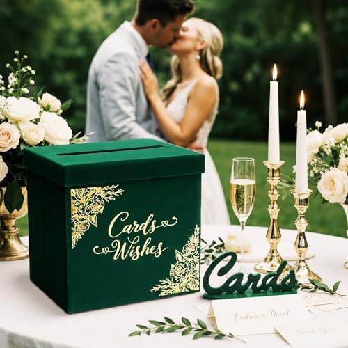 Colarr Velvet Wedding Card Box with Wooden Cards Sign Set, Emerald Green - Image 6