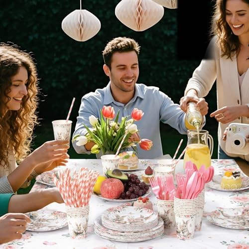 452 Pcs Bunny Birthday Party Decorations for 50 Guests, Pink Floral Bunny Paper Plates and Napkins Cups Cutlery Rabbit Disposable Tableware Set for Spring Baby Shower Birthday Supplies - Image 4