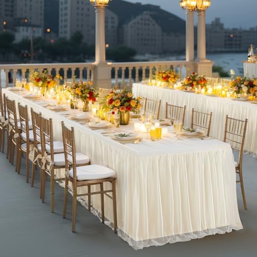 Wish Care 4 Pack Light Champagne Tulle Table Cloth for 8 Foot Rectangle Tables Tulle Tutu Skirt Stretch Fitted Tablecloth Wrinkle Free Ruffle Table Cover for Party Wedding Birthday Banquet Decorations - Image 5
