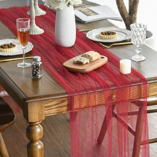 Artoid Mode 10-Pack Pearl Red Gauze Table Runner 10FT Home Decor - Image 2