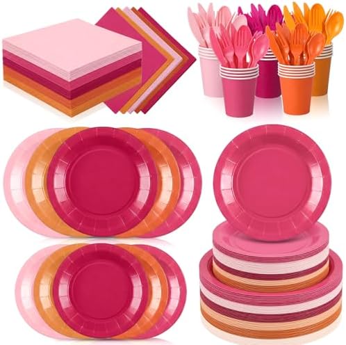 Mimorou 175 Pcs Pink and Orange Plates Cups Napkins Utensils by Mimorou