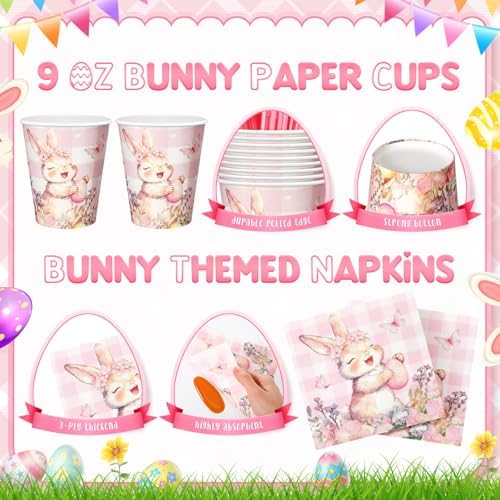 Honeydak 210 Pcs Pink Bunny Party Supplies for 30 Guests, Includes Spring Rabbit Plates, Cups, Napkins, Cutlery - Cute Pink Bunny Tableware Decoration for Baby Shower Easter Party - Image 4