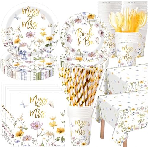 LemonRoad 452 Pcs Miss to Mrs Floral Bridal Shower Decorations for 50, Wildflower Bridal Shower Paper Plates Napkins Cups Tablecloth Cutlery Straws for Wedding Bachelorette Engagement Party Supplies by Unknown