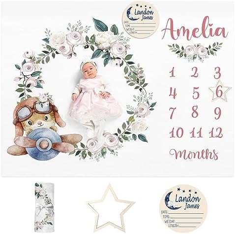 Personalized Baby Milestone Blanket for Boys Girls Baby Month Blanket- First Year Calendar Monthly Growth Chart - White Rabbit Print Halloween Birthday Gifts for Infant Todder by Dyoart