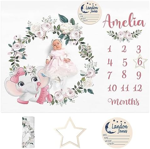Custom Name Baby Milestone Blanket - Baby Milestone Monthly Blanket with Double Sided for Boy Girl Baby Photography Props - Pink Elephant Blanket Gifts for Kids Infant by Dyoart