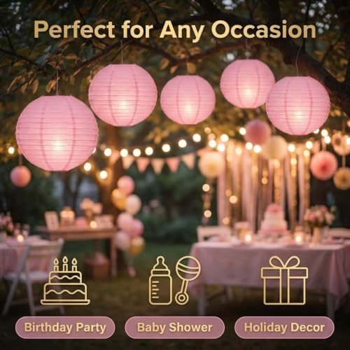 Pink Paper Lanterns Round Paper Lanterns Decorative Ball Lanterns Lamps for Weddings, Birthdays, Parties and Events 16-Inch 5 Packs (Light Pink) - Image 2