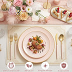 DaYammi 150Pcs Pink Plastic Plates with Gold Rim,Elegant Disposable Dinnerware with Gold Cutlery - 30 Dinner Plate,30 Dessert Plate,30 Knives,30 Forks,30 Spoons,Fancy Pink Plates for Party Wedding - Image 3