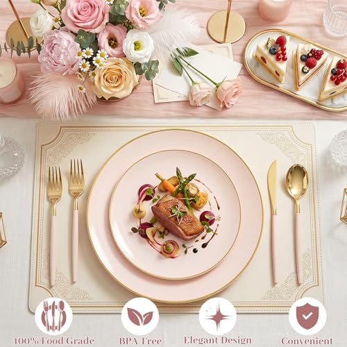 DaYammi 150Pcs Pink Plastic Plates with Gold Rim,Elegant Disposable Dinnerware with Gold Cutlery - 30 Dinner Plate,30 Dessert Plate,30 Knives,30 Forks,30 Spoons,Fancy Pink Plates for Party Wedding - Image 3