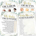 25 Greenery Love or Labor, Boobs Or Baby Butts Game, 25 True Or False, Word Scramble For Baby Shower - 4 Double Sided Cards Baby Shower Ideas, Baby Shower Party Supplies Baby Sprinkle Games by HadleyDesigns
