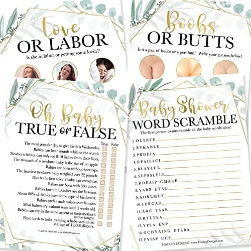 25 Greenery Love or Labor, Boobs Or Baby Butts Game, 25 True Or False, Word Scramble For Baby Shower - 4 Double Sided Cards Baby Shower Ideas, Baby Shower Party Supplies Baby Sprinkle Games by HadleyDesigns