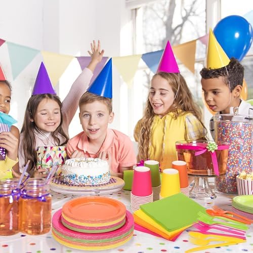 durony 350 Pieces Neon Party Supplies Paper Plates Serve 50 Guests 7 Inch 9 Inch Dinner Plates Napkins Paper Cups Cutlery Bright Color Disposable Glow Party Tableware for Fiesta Neon Birthday - Image 6