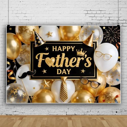 15x8ft Fathers Day Backdrop Golden and White Balloons Happy Father's Day Decorations Background Golden Tie I Love Dad Party Family Party Baby Shower Party Banner Photo Booth - Image 2