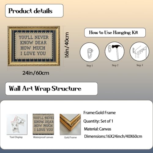 Vintage Gold Framed Love Quote Wall Art You'll Never Know Dear How Much I Love You Wall Decor Picture Inspirational Blue Striped Sign Poster Canvas Painting Print for Nursery Bedroom 24x16 inch - Image 2