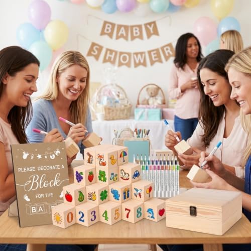 Baby Shower Game Blocks with 50 Decorate Wooden Blocks 24 Markers 1 Storage Box 1 Wooden Sign 16 Stencils(Classic) - Image 6